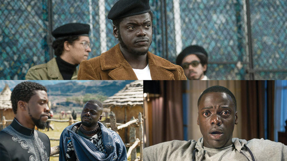 Clockwise from top: Kaluuya as Fred Hampton in Judas and the Black Messiah; in his breakout role in Get Out; and with Chadwick Boseman (left) in Black Panther. - Credit: Courtesy of Glen Wilson/Warner Bros.; Courtesy of Universal Studios; Courtesy of Marvel Studios/Disney