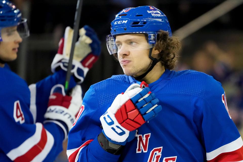 New York Rangers left wing Artemi Panarin (10) celebrates after scoring his second goal during the second period of an NHL hockey game against the Buffalo Sabres, Monday, April 10, 2023, in New York.