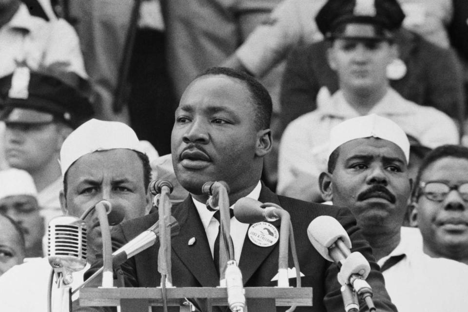 <p>Getty Images</p> American Religious and Civil Rights leader Dr Martin Luther King Jr (1929 - 1968) gives his "I Have a Dream" speech to a crowd before the Lincoln Memorial during the Freedom March in Washington, DC, on August 28, 1963. 