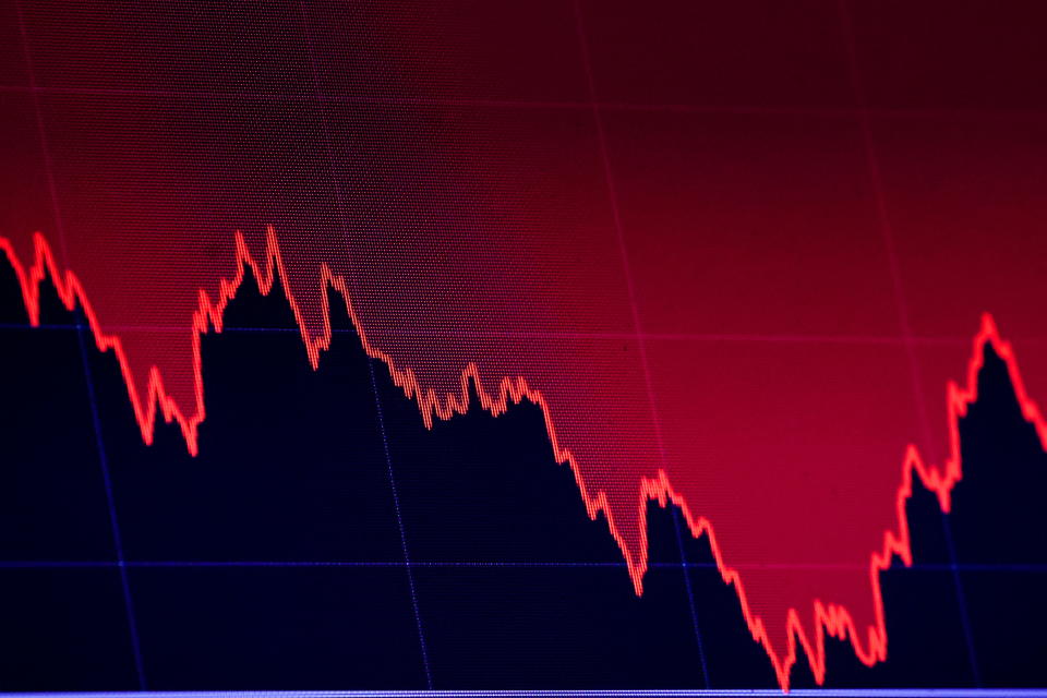 A screen charts the Dow Jones Industrial Average during the trading day on the floor of the New York Stock Exchange (NYSE) in New York City, U.S., January 24, 2022.  REUTERS/Brendan McDermid