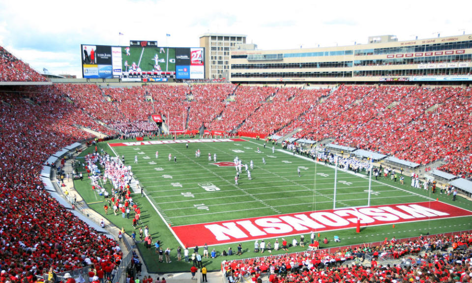 Sep 10, 2016; Madison, WI, USA; A general view of Camp Randall Stadium with 77,331 fans watching the game between the Wisconsin Badgers and the Akron Zips. With a capacity of 80,321, the facility is designed so that all seats point toward the center of the field. Wisconsin defeated Akron 54-10. Mandatory Credit: Mary Langenfeld-USA TODAY Sports