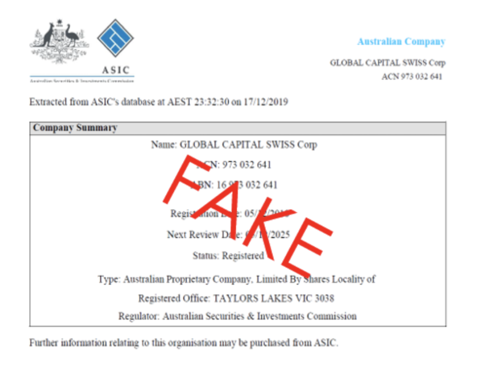 Example of a fake ASIC endorsement