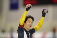 Japan's Yamato Matsui reacts after the men's 500 meters World Cup speedskating race at the Utah Olympic Oval Friday, Dec. 3, 2021, in Kearns, Utah. (AP Photo/Rick Bowmer)