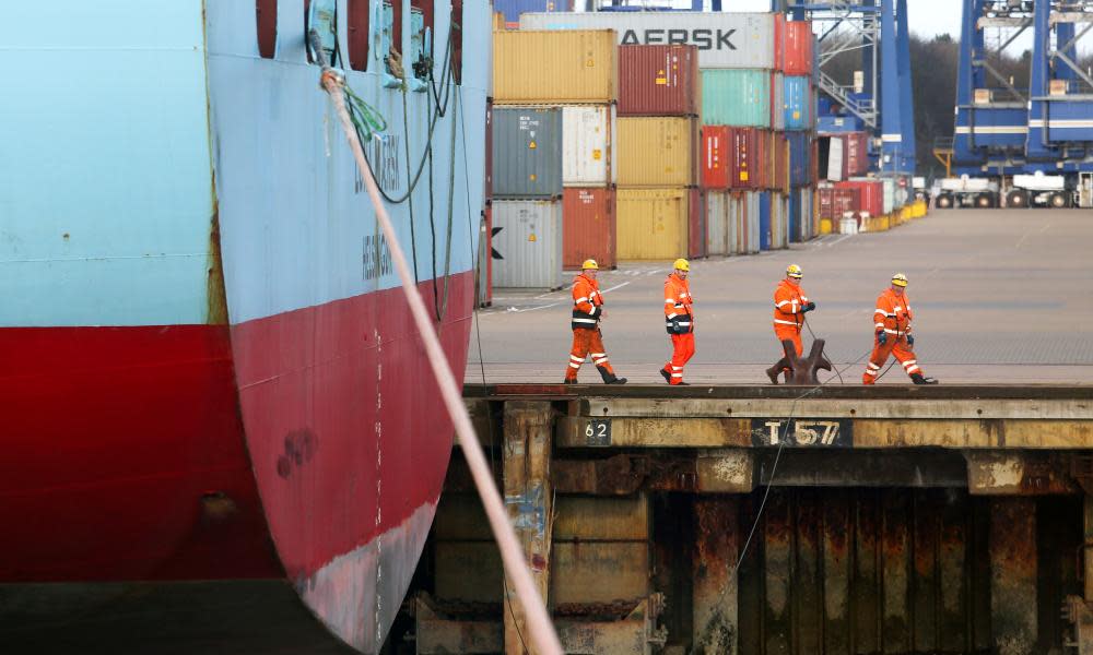 A container ship is prepared at Felixstowe