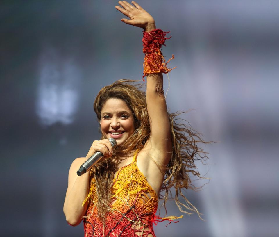 Shakira makes an appearance during BizarrapÕs set in the Sahara tent at the Coachella Valley Music and Arts Festival in Indio, Calif., April 12, 2024.