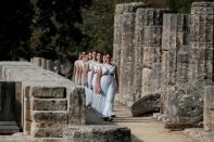 Olympics - Dress Rehearsal - Lighting Ceremony of the Olympic Flame Pyeongchang 2018 - Ancient Olympia, Olympia, Greece - October 23, 2017 Actresses during the dress rehearsal for the Olympic flame lighting ceremony for the Pyeongchang 2018 Winter Olympic Games at the site of ancient Olympia in Greece REUTERS/Costas Baltas