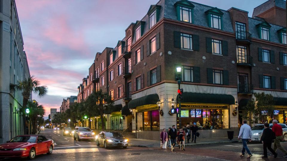 Charleston, South Carolina, USA - November 23, 2016: Historic downtown Charleston at the busy intersection of Market and Meeting Streets.