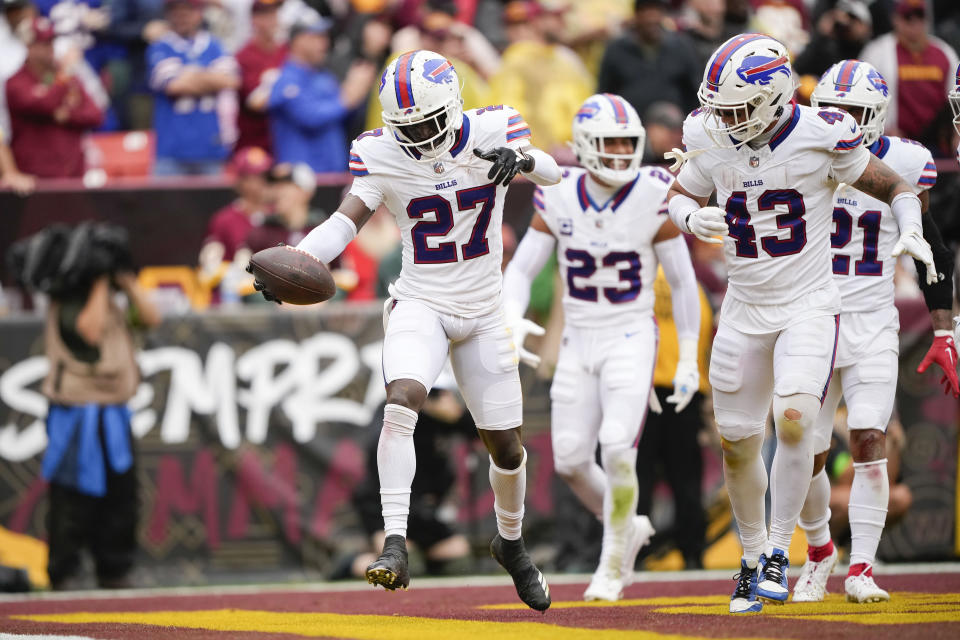 Buffalo Bills cornerback Tre'Davious White (27) celebrating his interception against the Washington Commanders during the second half of an NFL football game, Sunday, Sept. 24, 2023, in Landover, Md. (AP Photo/Andrew Harnik)