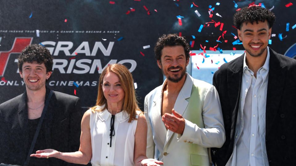 From left: Maximilian Mundt, Geri Halliwell Horner, Orlando Bloom, and Archie Madekwe take center stage during promotions for Gran Turismo in Cannes, France.