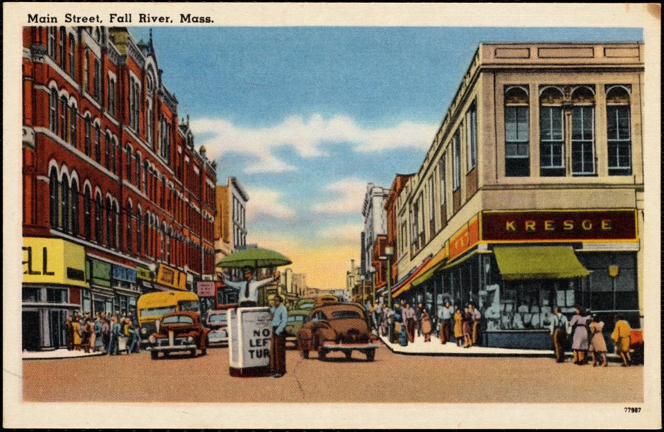 A postcard depicting downtown Fall River in the 1930s or 1940s.