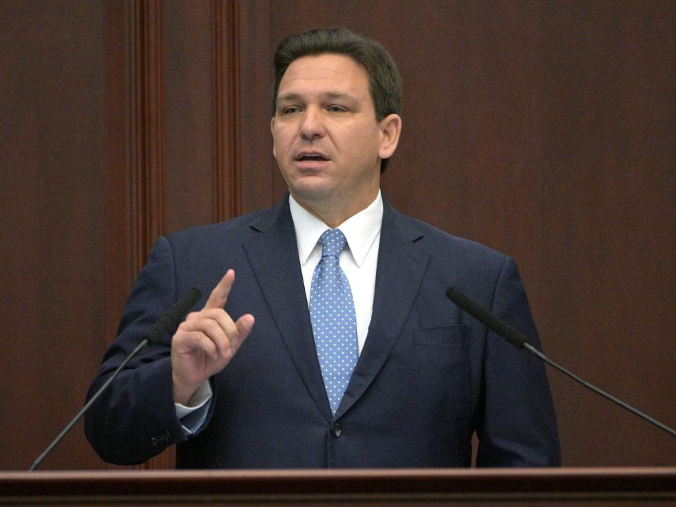 Florida Gov. Ron DeSantis addresses a joint session of a legislative session, Tuesday, Jan. 11, 2022, in Tallahassee, Florida.