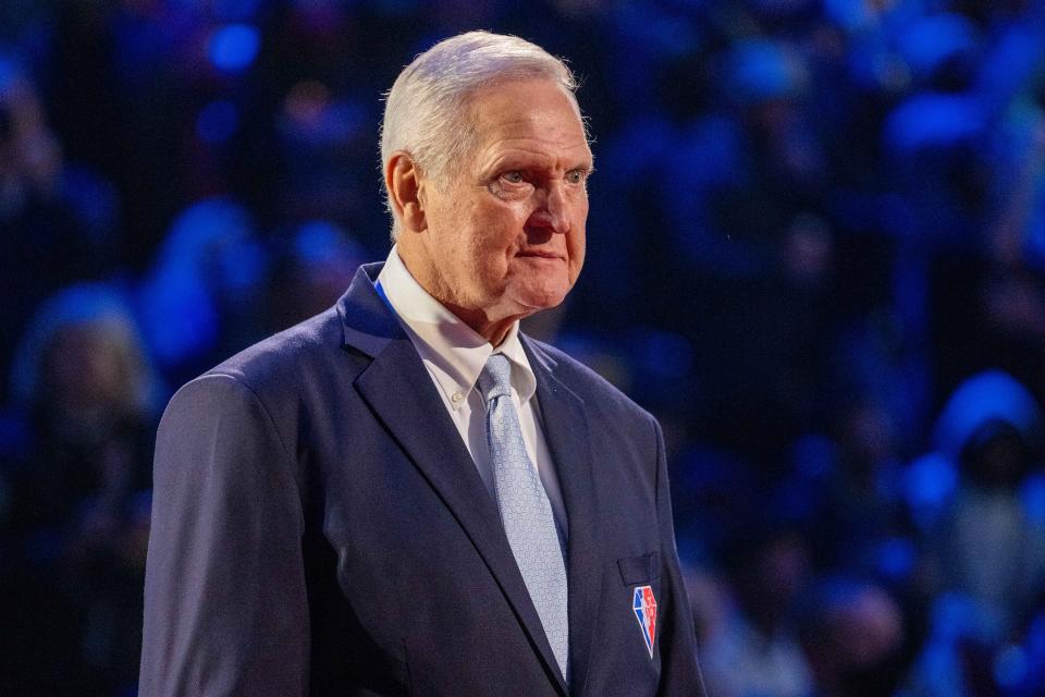 February 20, 2022; Cleveland, Ohio, USA; NBA great Jerry West is honored for being selected to the NBA 75th Anniversary Team during halftime in the 2022 NBA All-Star Game at Rocket Mortgage FieldHouse. Mandatory Credit: Kyle Terada-USA TODAY Sports