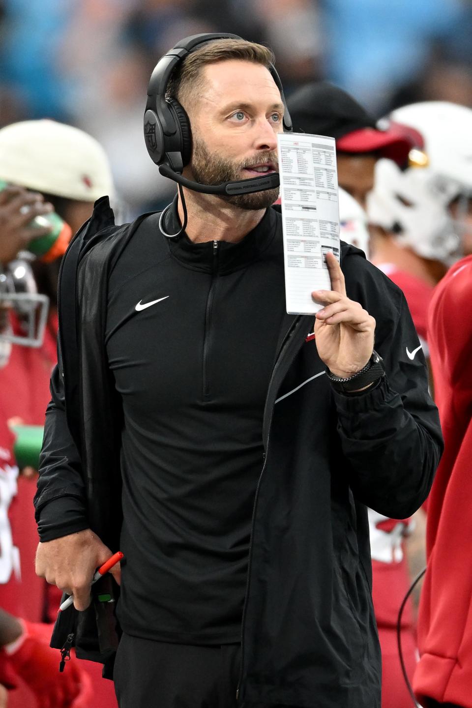 Head coach Kliff Kingsbury of the Arizona Cardinals looks on during the third quarter of the game against the Carolina Panthers at Bank of America Stadium on October 2, 2022, in Charlotte, North Carolina.