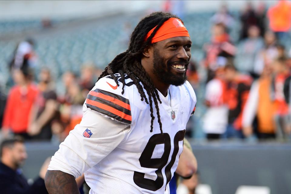 Browns defensive end Jadeveon Clowney walks off the field after a game against the Bengals, Nov. 7, 2021, in Cincinnati.