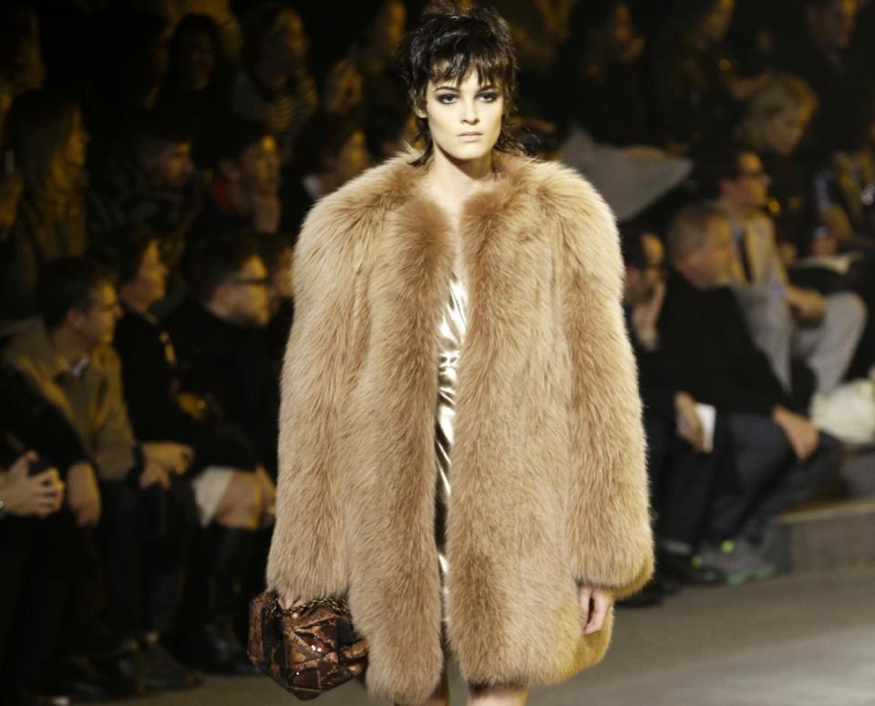 A model walks the runway during the Marc Jacobs Fall 2013 fashion show Fashion Week in New York, Thursday, Feb. 14, 2013. (AP Photo/Kathy Willens)