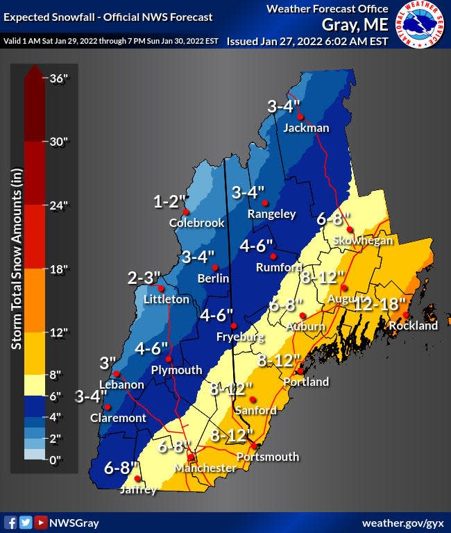 The Seacoast in New Hampshire and southern Maine could see close to a foot of snow, or more, in a nor'easter headed to the New England region.