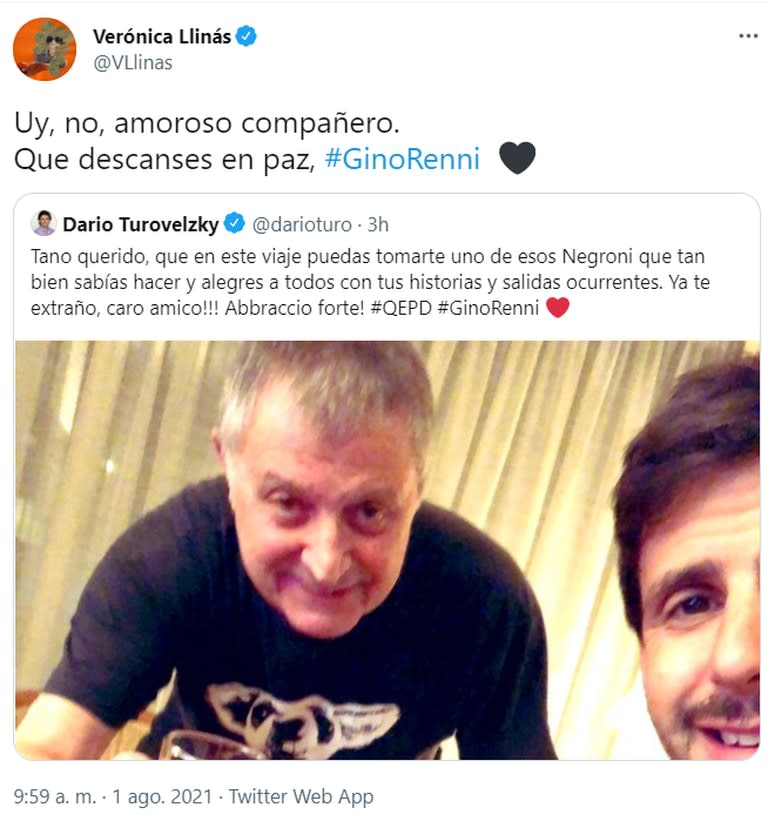 El sentido mensaje de Verónica Llinás al enterarse de la muerte de Gino Renni