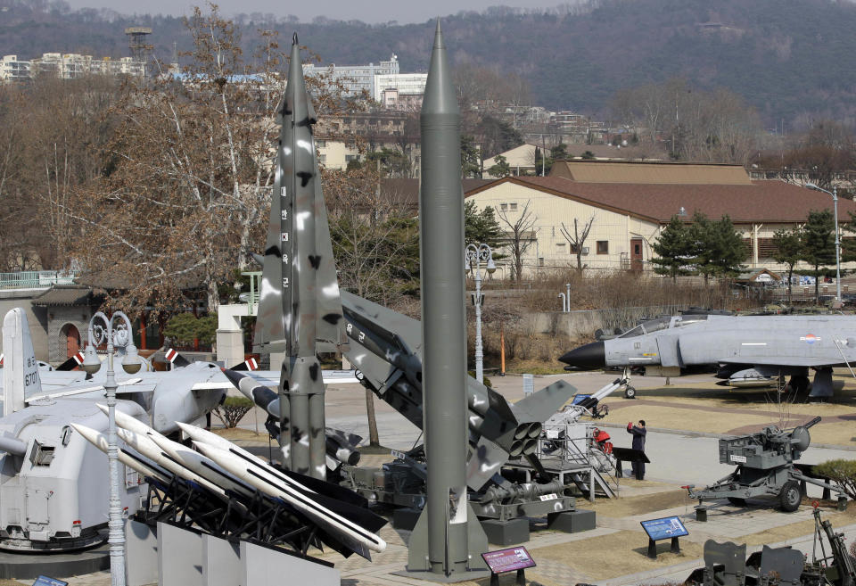 A mock Scud-B missile of North Korea, center, and other South Korean missiles are displayed at the Korea War Memorial Museum in Seoul, South Korea, Monday, March 3, 2014. North Korea fired two additional suspected short-range missiles into the sea Monday amid ongoing military exercises between Seoul and Washington, which the North calls a preparation for an attack, South Korean officials said. (AP Photo/Lee Jin-man)