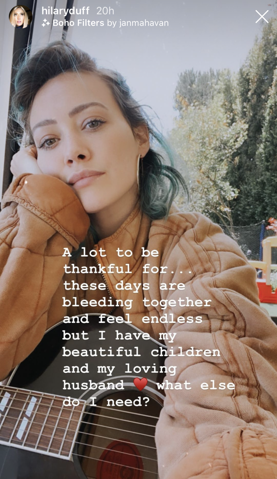 Hilary Duff shared what she's grateful for while wearing a Free People jacket on Instagram. (Image via Instagram).