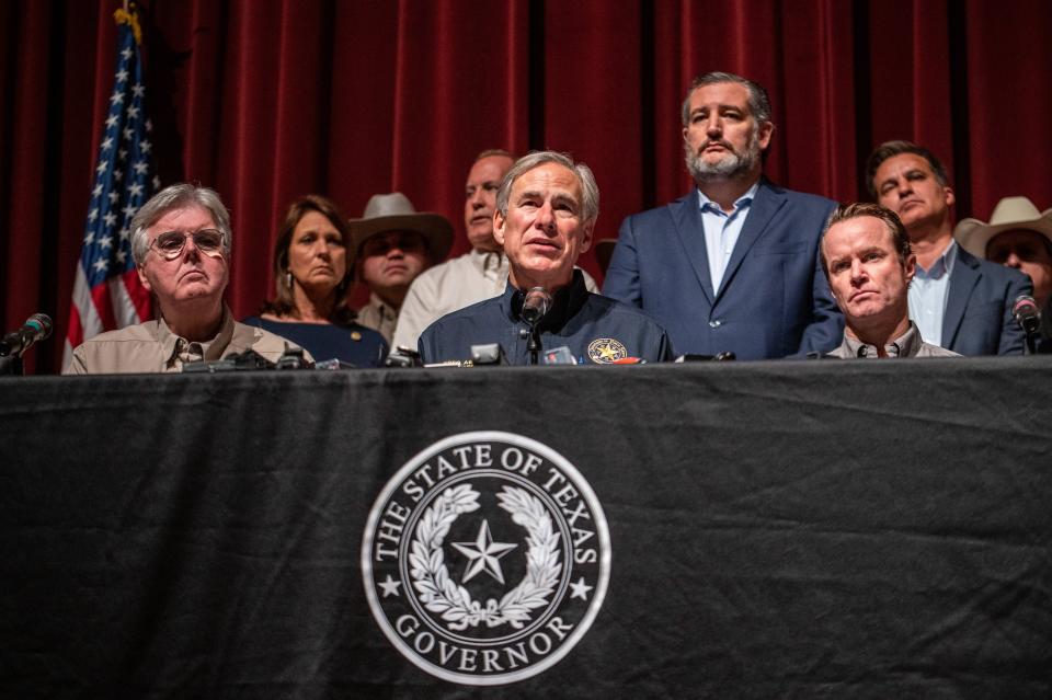 Gov. Greg Abbott speaks in Uvalde the day after the massacre inside an elementary school classroom. After the shooting, neither Abbott nor Lt. Gov. Dan Patrick indicated any interest in reforming Texas’ gun laws.