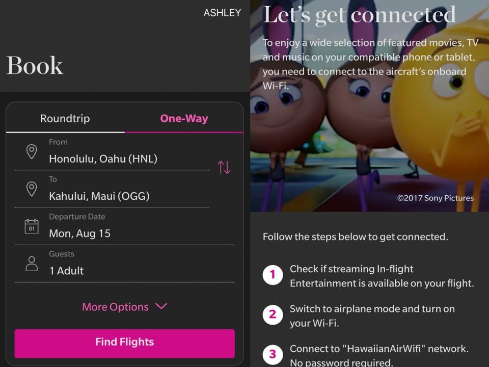 hawaiian airlines app booking ticket screen next to entertainment log in screen