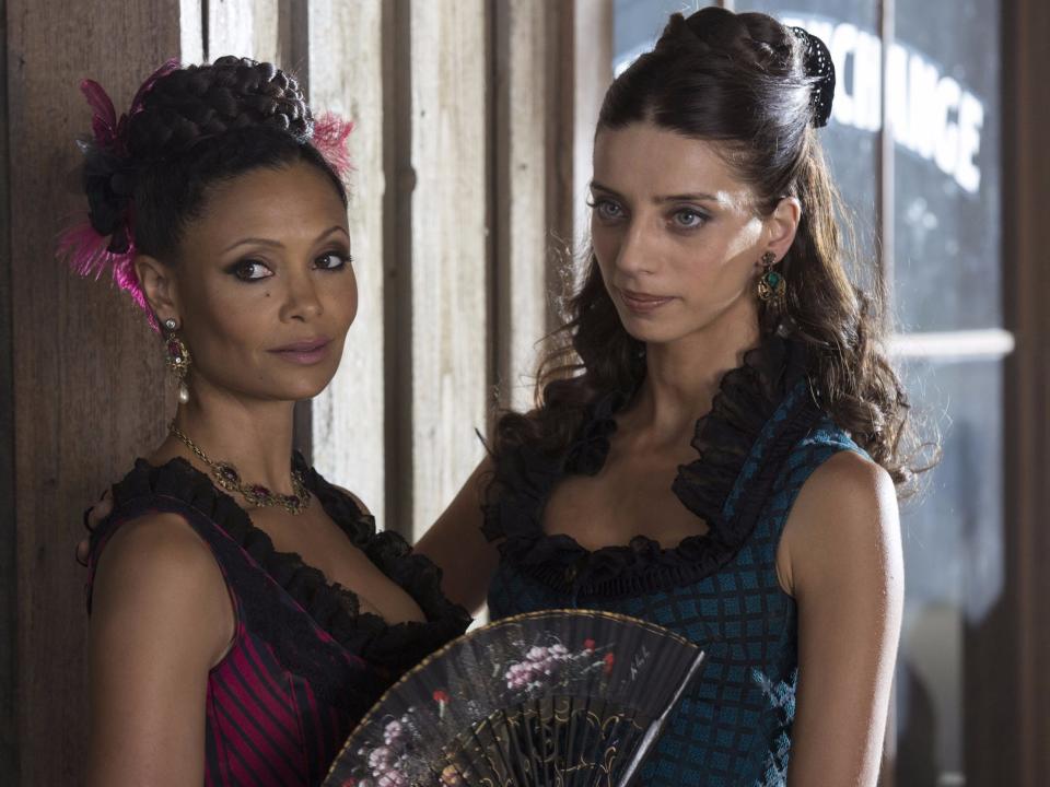 Thandie Newton as Maeve Millay, Angela Sarafyan as Clementine Pennyfeather Westworld