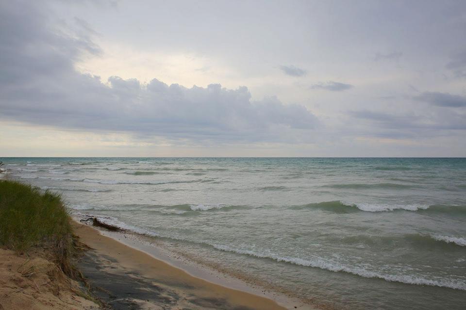 The shoreline of Lake Michigan is shown.