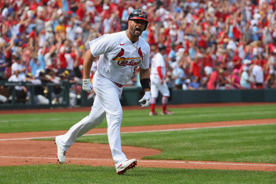 ST LOUIS, MO - AUGUST 14: Albert Pujols #5 of the St. Louis Cardinals celebrates after hitting his second home run of the game, a three-run shot, against the Milwaukee Brewers in the eighth inning at Busch Stadium on August 14, 2022 in St Louis, Missouri. (Photo by Dilip Vishwanat/Getty Images)