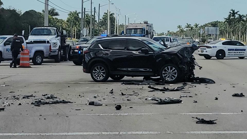 A crash involving two SUVS at Okeechobee Boulevard and Sansburys Way in West Palm Beach on Monday, Feb. 26, 2024, killed one driver and closed the roadway for hours.