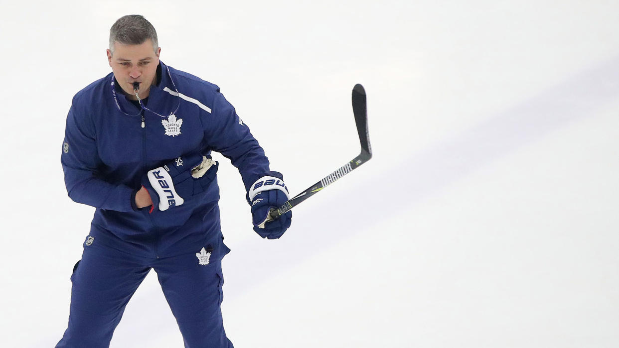 TORONTO, ON- FEBRUARY 4  -  Sheldon Keefe runs practice as the Toronto Maple Leafs host their mentors road trip  in Toronto. February 4, 2020.   Each of the Toronto Maple Leafs players invite one of their mentors to travel with them to a game in New York City to play the New York Rangers        (Steve Russell/Toronto Star via Getty Images)