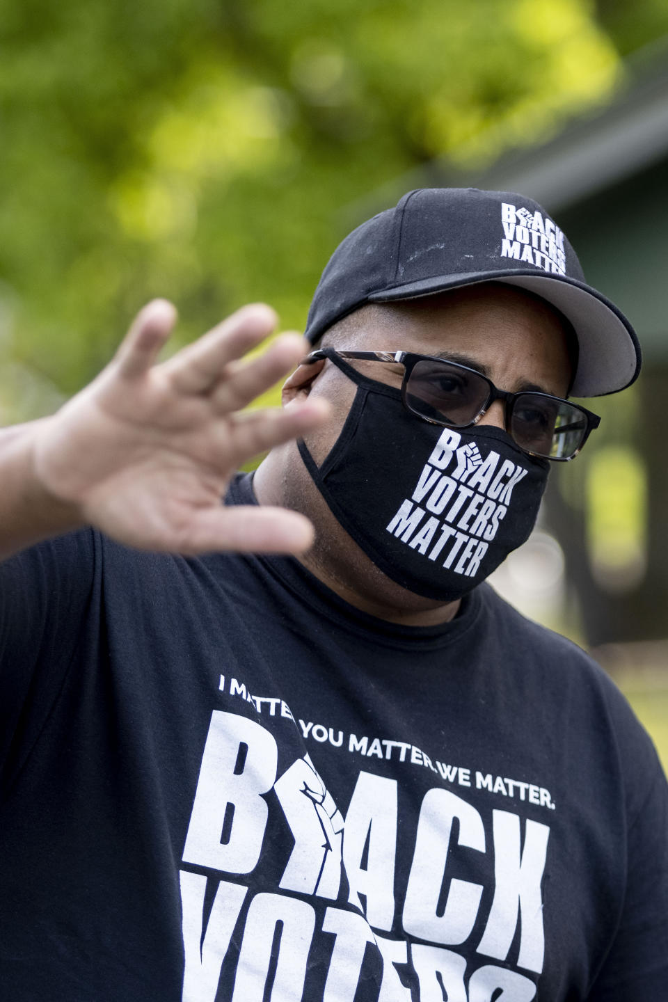 Cliff Albright, co-founder of Black Voters Matter, talks about the movement to increase voting rights for Black Americans during the John Lewis Advancement Act Day of Action, a voter education and engagement event, Saturday, May 8, 2021, in Montgomery, Ala. (AP Photo/Vasha Hunt)