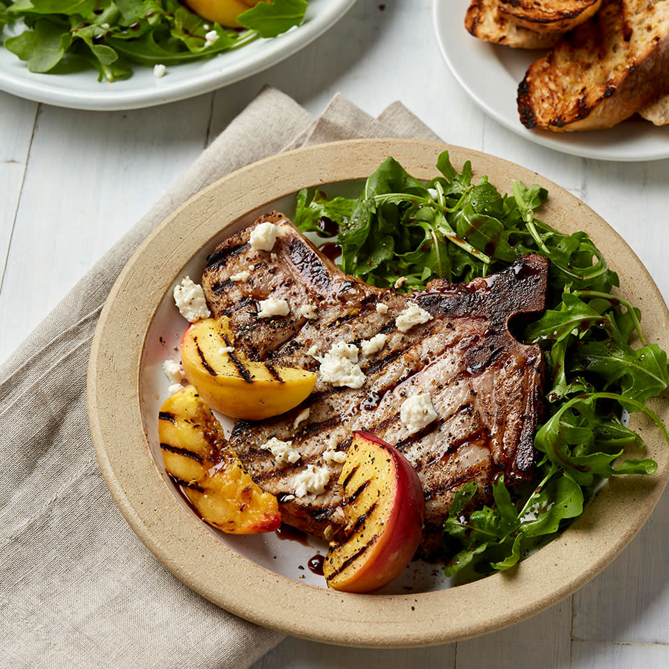 Bone-In Pork Chops with Grilled Peaches & Arugula