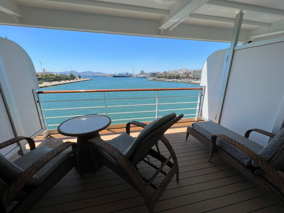 balcony view on cruise with lounge chairs