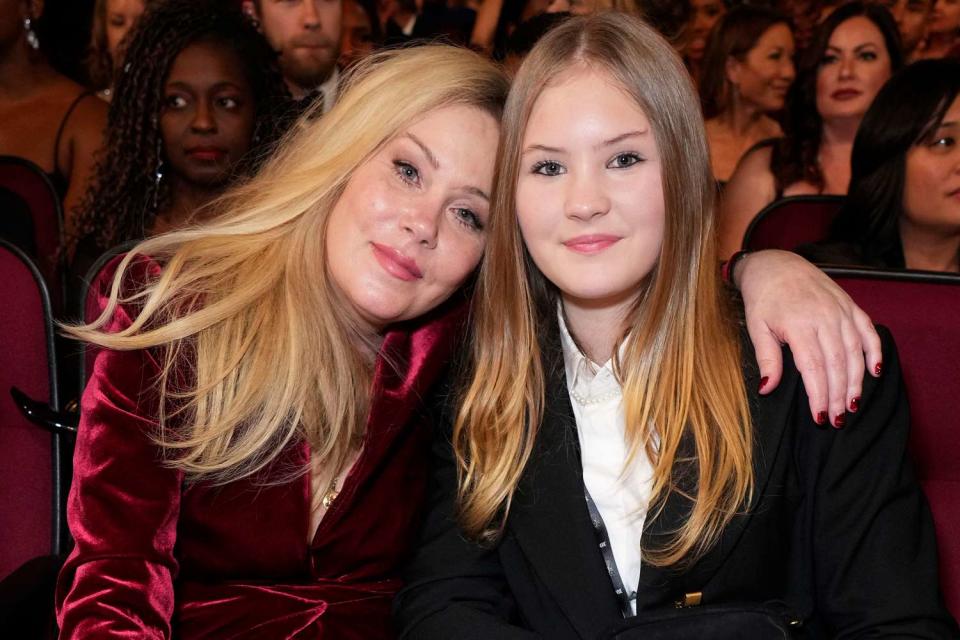 <p>Jordan Strauss/Invision for the Television Academy/AP Images</p> Christina Applegate, left, and Sadie Grace LeNoble at the 75th Emmy Awards on Monday, Jan. 15, 2024 at the Peacock Theater in Los Angeles. 