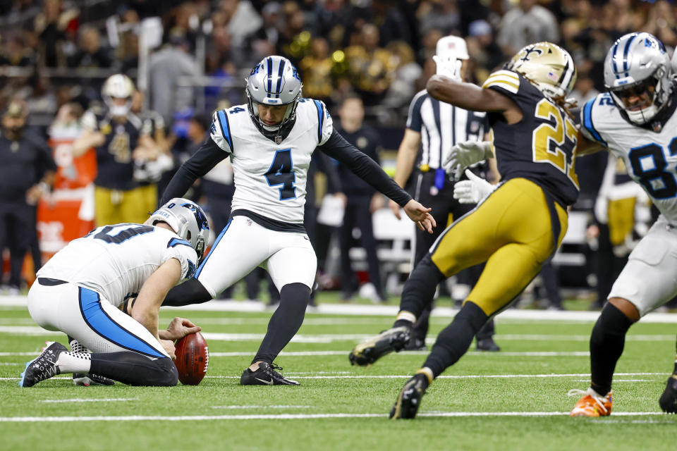 Carolina Panthers place-kicker Eddy Pineiro kicks a field goal against the New Orleans Saints during the second half of an NFL football game in New Orleans, Sunday, Dec. 10, 2023. (AP Photo/Butch Dill)