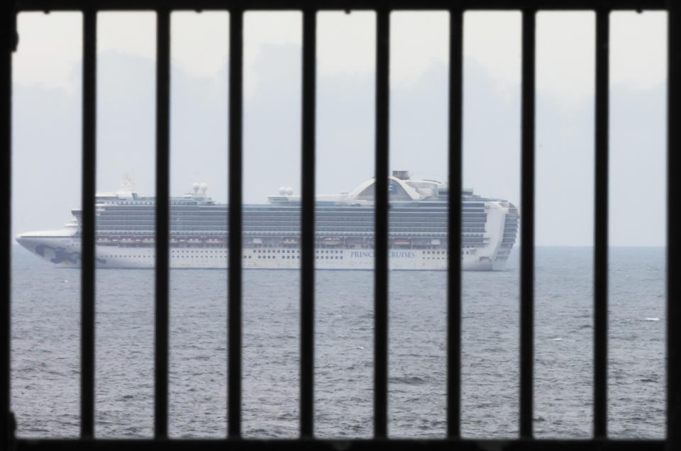 The Ruby Princess cruise ship is seen from Kurnell National Park in Sydney, Thursday, April 2, 2020. The vessel will be subject to a criminal investigation.