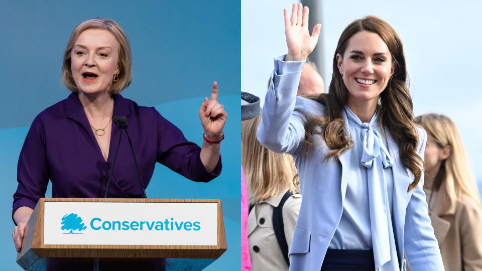 Winser London: Liz Truss wearing the brand in September and <a href="https://wwd.com/tag/kate-middleton/" rel="nofollow noopener" target="_blank" data-ylk="slk:Kate Middleton;elm:context_link;itc:0;sec:content-canvas" class="link ">Kate Middleton</a> in Northern Ireland this week.