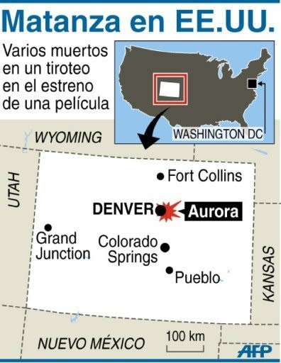 Localización de la ciudad estadounidense de Aurora, a las afueras de Denver, donde se produjo el tiroteo con varios muertos en el estreno de la nueva película de Batman. (AFP | SR/JMC)