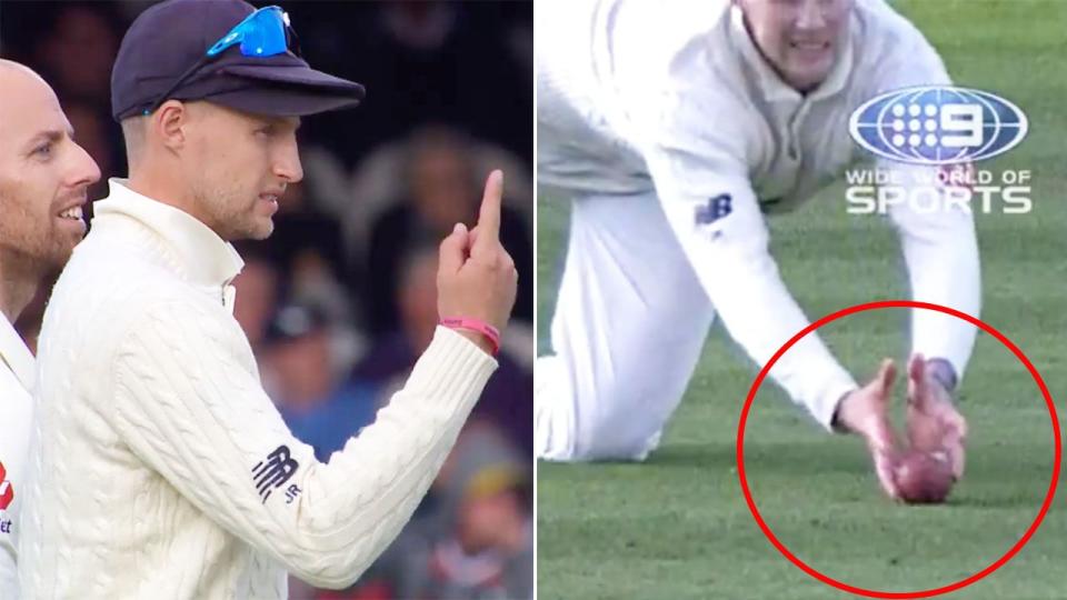 Joe Root, pictured here taking the catch in question. Image: Channel Nine