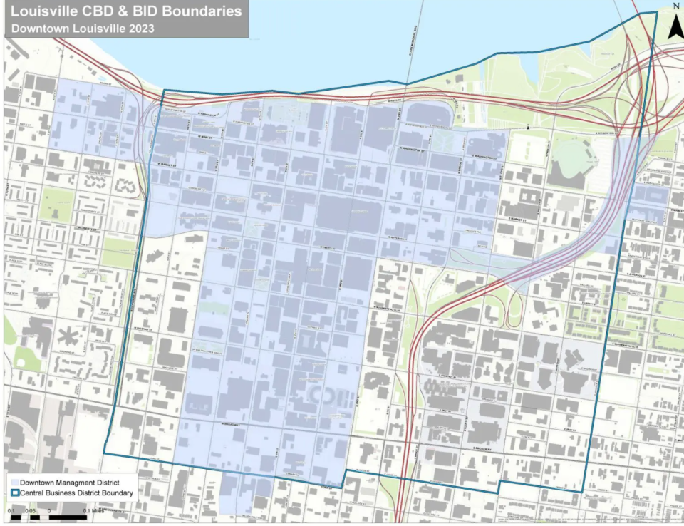 Most of the Louisville Downtown Management District, seen here in blue, is within Louisville's Central Business District.