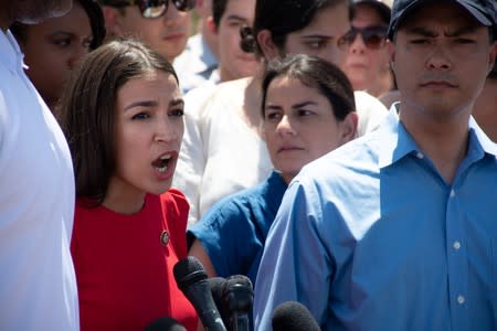 U.S. Rep Alexandria Ocasio-Cortez speaks after she and other members of Congress toured two Border patrol stations