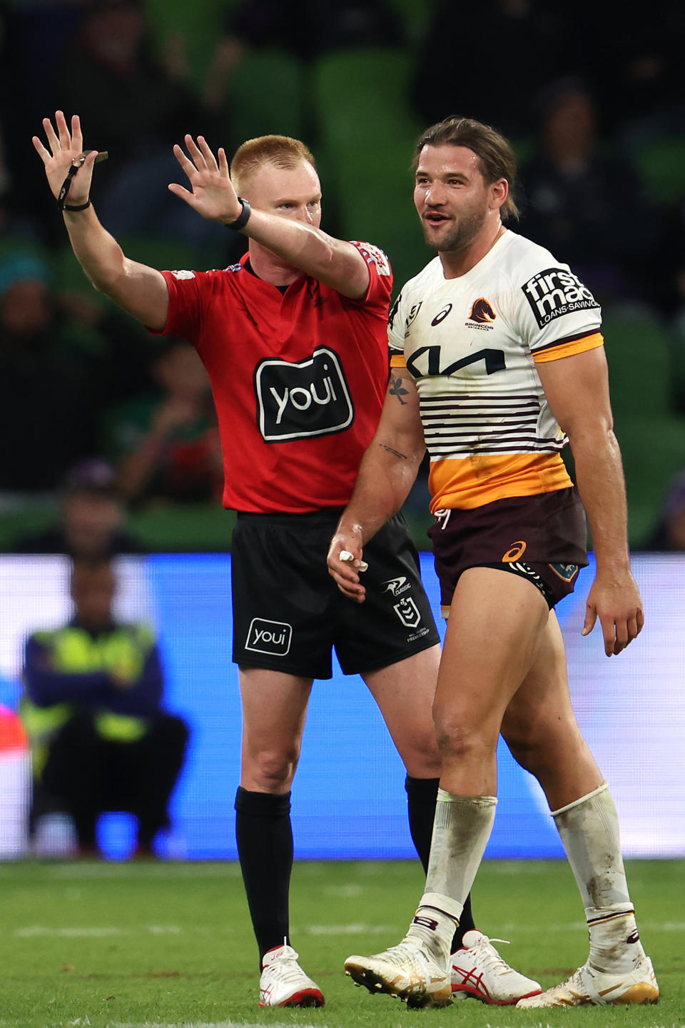 Referee Todd Smith sends Patrick Carrigan to the sin-bin.