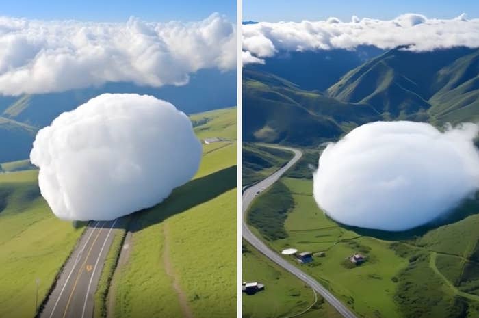 A huge cloud that looks like an enormous cotton ball over a country road