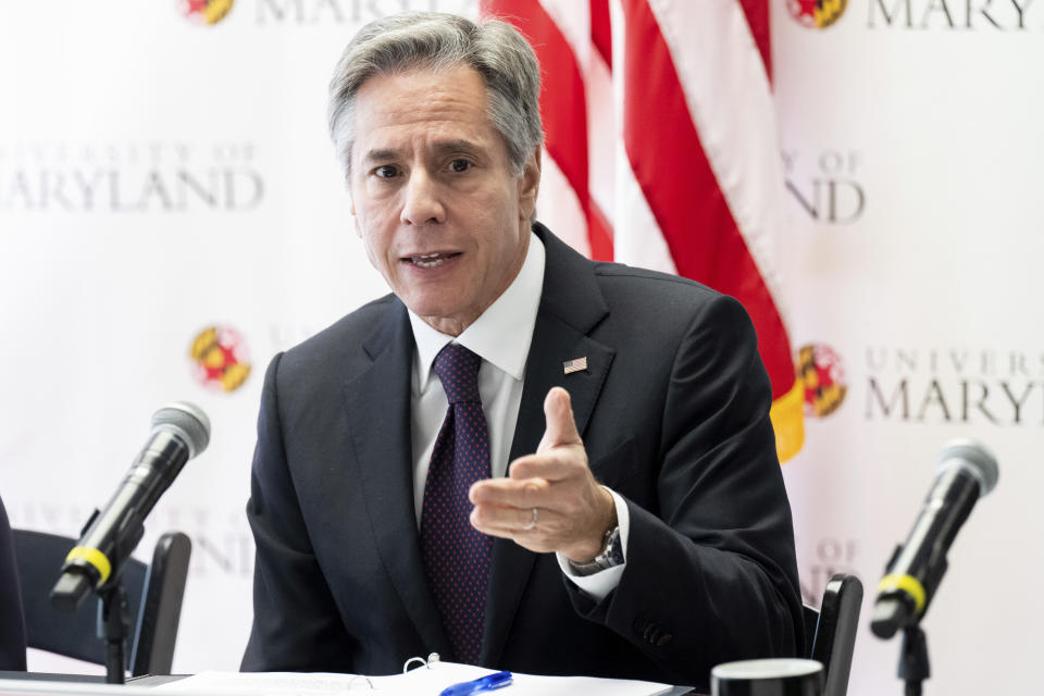 Secretary of State Antony Blinken speaks during a U.S.-EU Stakeholder Dialogue during the Trade and Technology Council (TTC) Ministerial Meeting, Monday, Dec. 5, 2022, in College Park, Md. (Saul Loeb/Pool Photo via AP)