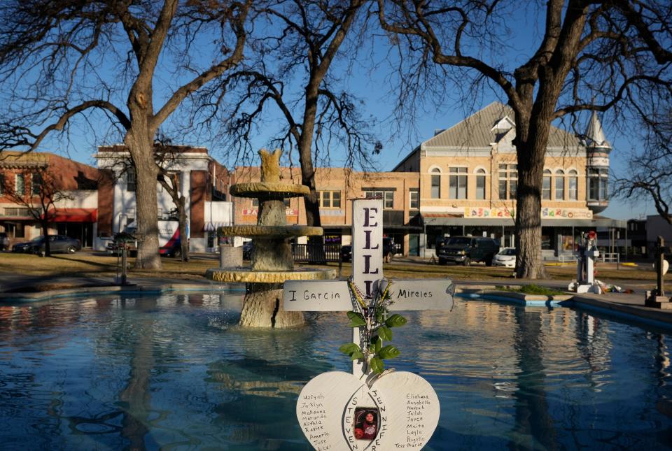 Crosses stand Thursday in Uvalde's town square memorialize the 21 victims of the 2022 shooting at Robb Elementary School.