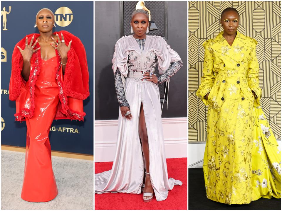 Cynthia Erivo at the SAG Awards, the Grammys, and the "Black Panther: Wakanda Forever" European premiere in 2022.