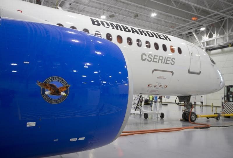 Bombardier's CS300 Aircraft, showing its' Pratt & Whitney engine in the foreground, sits in the hangar prior to its' test flight in Mirabel February 27, 2015. REUTERS/Christinne Muschi 