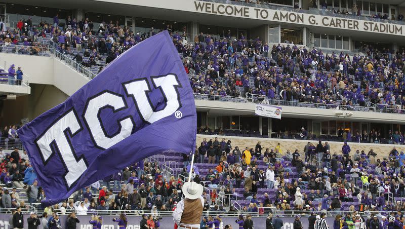 A TCU flag waves during the second half of an NCAA college football game on Oct. 6, 2012, in Fort Worth, Texas.