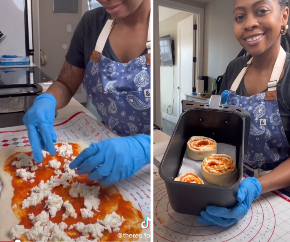 Two images of TikTok home cook, August DeWindt scattering mozzarella onto a tomato base pizza dough on the left and smiling at the camera on the right holding an Air Fryer tray with three pizza rolls inside.