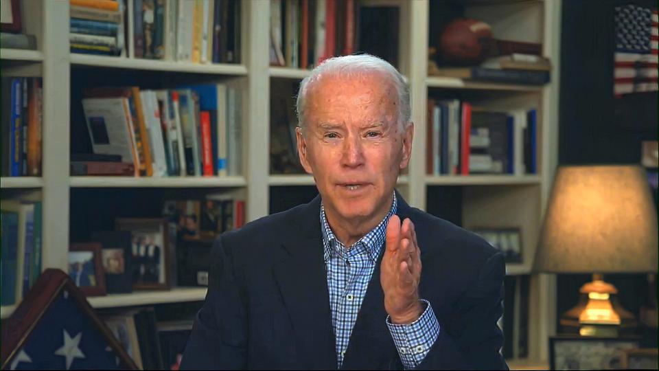 In this image from video provided by the Biden for President campaign, Democratic presidential candidate former Vice President Joe Biden speaks during a virtual press briefing Wednesday, March 25, 2020.